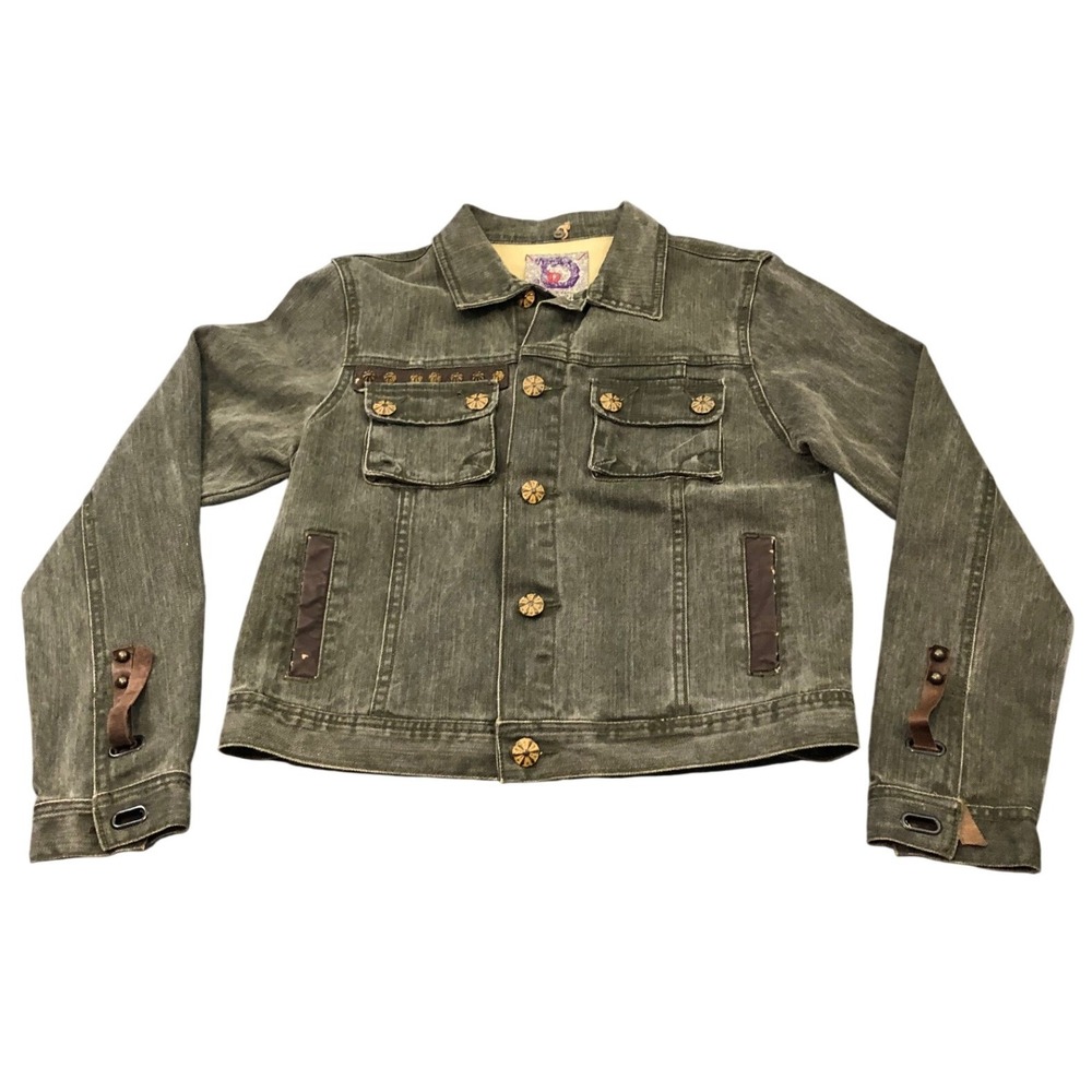 Double D Ranch Denim Jacket Womens S Green Studded Leather Trim Western Moto
